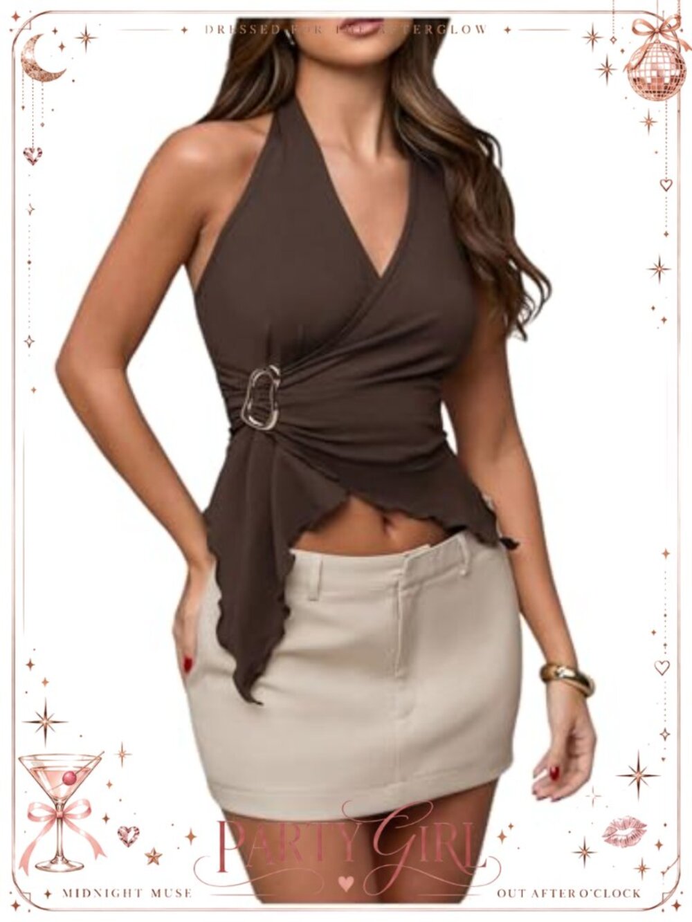 Women's Elegant Halter Top Metal Buckle Slim Fit Dressy Wrap Top